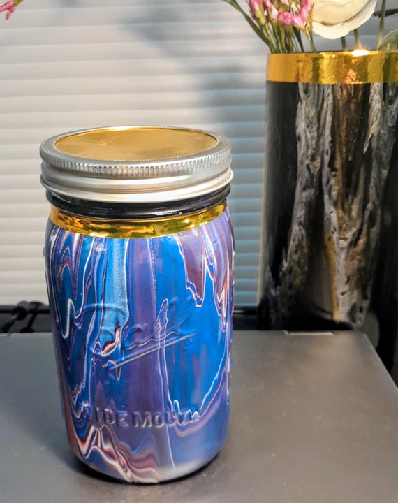 Glass Acrylic Painted Ball Jar with Copper Top