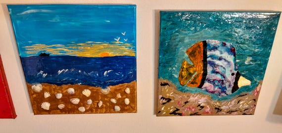 Two Original Acrylic Contemporary Art Paintings - Fish & Landscape