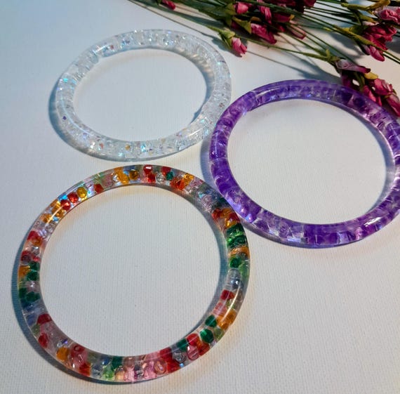 Three Clear Beaded Acrylic Bracelets