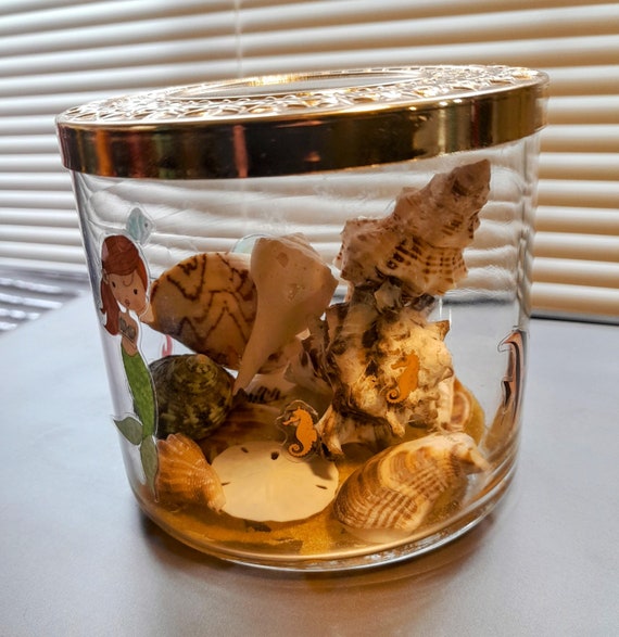 Glass Container with Top, Decals and Sea Shells