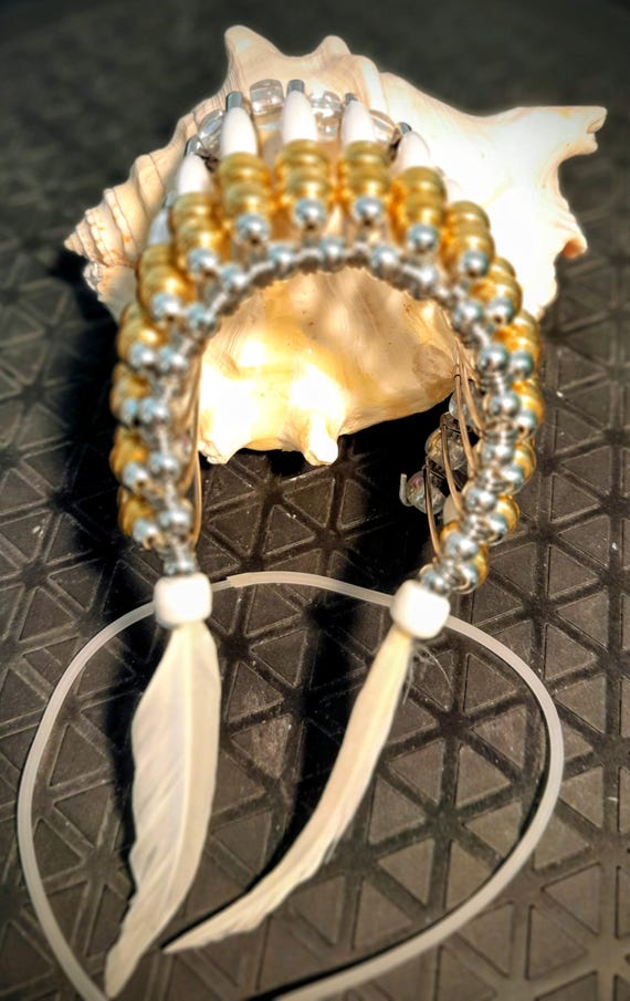 Beaded Headdress - Gold & White