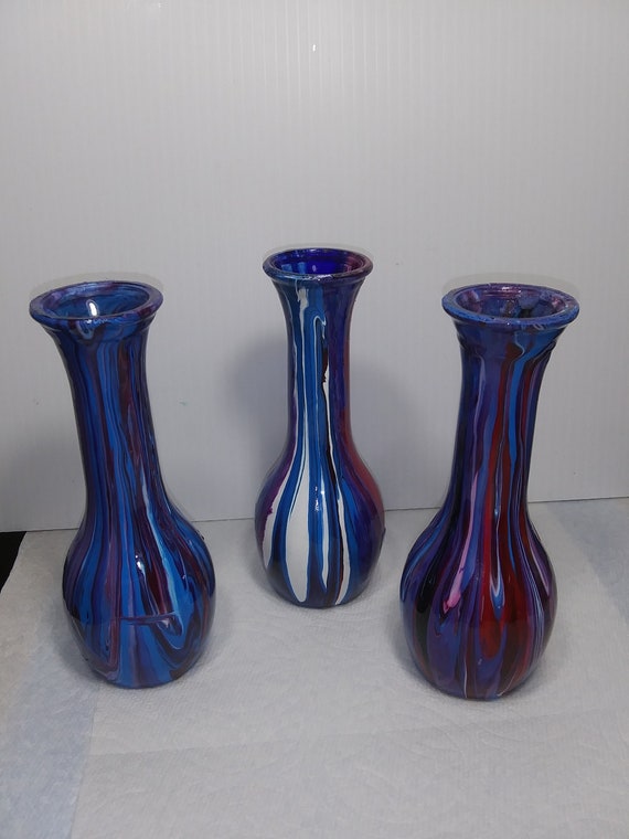 Three 6" glass acrylic paint flower vases