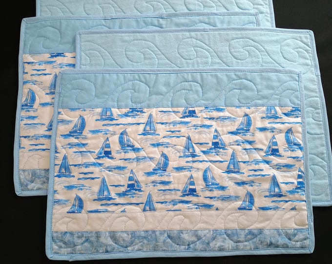 Featured listing image: Summer Blue Sailboats Place mats, Swirls, White, Sparkles, Cottage, Lake, Beach, Poolside, Flannel, Quilted, Reversible, Handmade