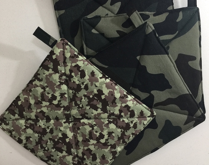 Featured listing image: Camouflage Potholder, Military, Outdoors, Camping, Lodge, Cabin, Hanging loop, Trivet, Insulbrite, Cotton, Camo Green, Man gift