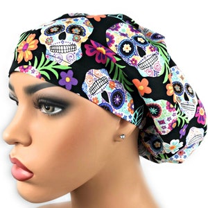 Day of the Dead Sugar Skulls on Black 100% Cotton Bouffant Style Scrub Hat/Cap Day of the Dead Sugar Skulls on Black 100% Cotton Bouffant Style Scrub Hat/Cap