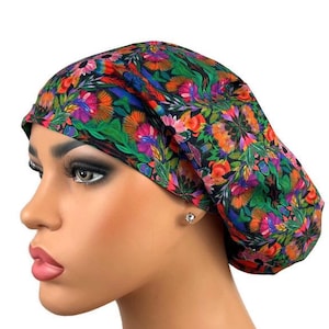 Euro Scrub Hat, Surgical Scrub Hat, Bouffant Scrub Cap for Women, Cap, Ponytail Scrub Hat, OR Nurse Scrub Hat, DK Scrub Hats, Floral Vortex