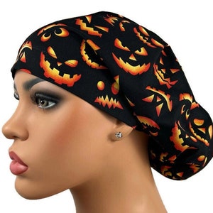Scary Pumpkins Scrub Hat, Surgical Scrub Hat, Halloween Scrub Cap, Jack O Lantern Scrub Hats, Satin Line Option, Nurses Hat, DK Scrub Hats