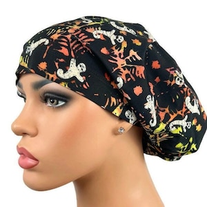 Halloween Scrubhat, Black Surgical Scrub Hat, Spooky Ghost Scrub Hat, Satin Line Option, DK Scrub Hats, Batik Halloween Themes