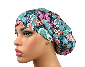 Euro Scrubhat for Women, Surgical Scrub cap, Nurse Scrubhat, Ponytail Scrubcap, Bouffant Scrub Cap, DK Scrub Hats, Butterflies/Teal Floral