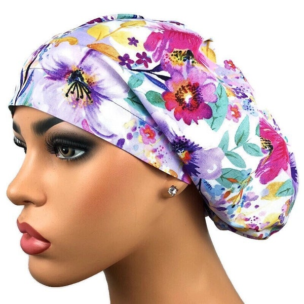 Scrub Hat for Women, Surgical Scrub Hat, Euro Bouffant Scrub Cap, Satin Line Option, DK Scrub Hat, Spring Violet Floral