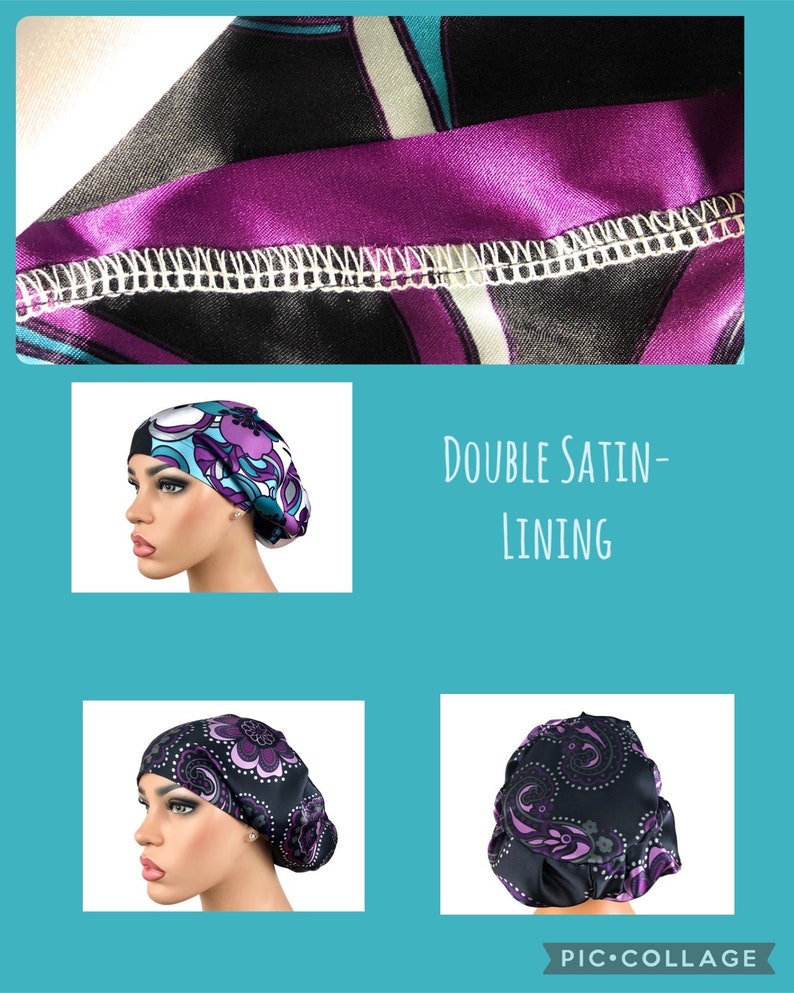 Satin Lined Scrub Hat, Longhair Bonnet, Satin Lining Hat, Satin lined Scrubcap, Adjustable Satin Lined Bonnet Cap, DK Scrub Hats, Loc Bonnet image 3