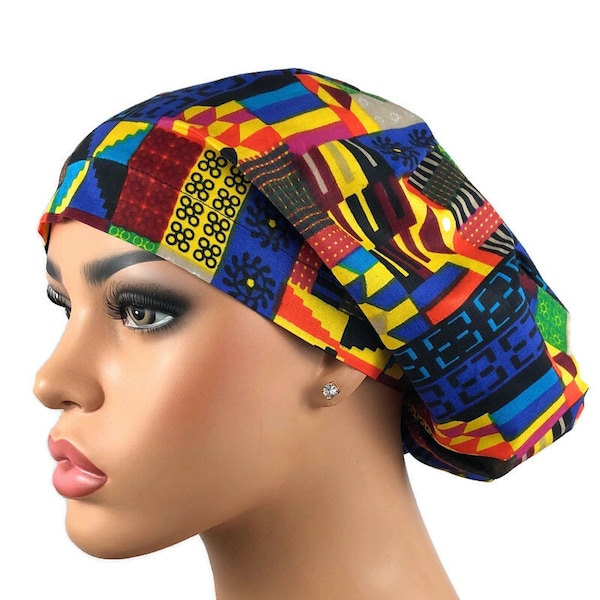 Surgical Scrubcap, Nurses Scrub Cap, Euro Scrubhat for Long Hair, Surgeon Hat, Satin Line Options, DK Scrub Hats, Blue Kente Print