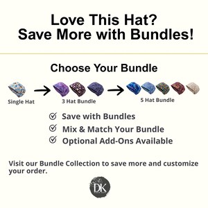 Op de afbeelding: Een informatieve afbeelding met de titel Love This Hat? Save More with Bundles! met opties voor een enkele hoed, een bundel van 3 hoeden en een bundel van 5 hoeden met diverse bloemen- en effen patronen. Bevat tekst over mixen en matchen.