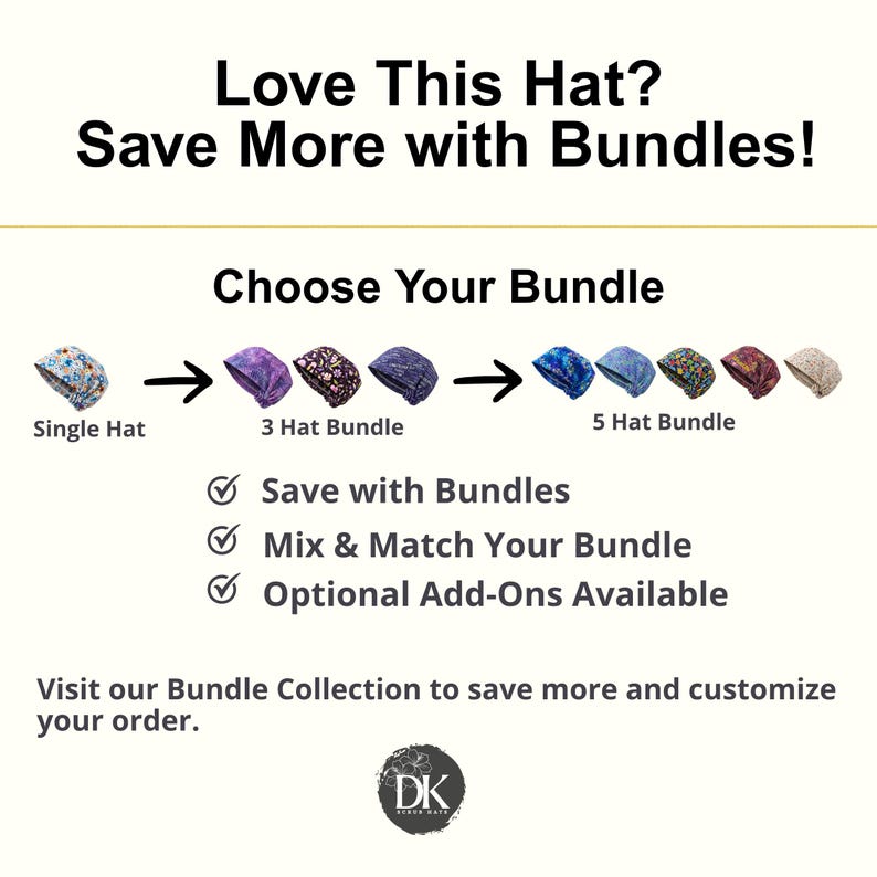 Op de afbeelding: Een informatieve afbeelding met de titel Love This Hat? Save More with Bundles! met opties voor een enkele hoed, een bundel van 3 hoeden en een bundel van 5 hoeden met diverse bloemen- en effen patronen. Bevat tekst over mixen en matchen.