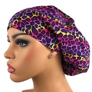 Scrub Hats: Surgical Scrub cap, Purple Cheetah Print Scrub Hat for Women, Satin Line Option, Euro Bouffant Scrub Cap, DK Scrub Hats