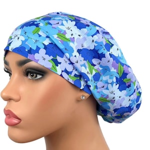 Bonnet chirurgical, bonnet européen, bonnet bleu, casquette infirmière, bonnet médical, option doublure en satin, chapeaux DK, fleurs bleues