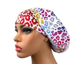 Surgical Scrubhat, Tie-Dye Scrubcap, Surgeons Scrub Hat, Nurse Hat, Nurses Scrub Cap, Doctors Scrubhat, DK Scrub Hats, White Rainbow Leopard