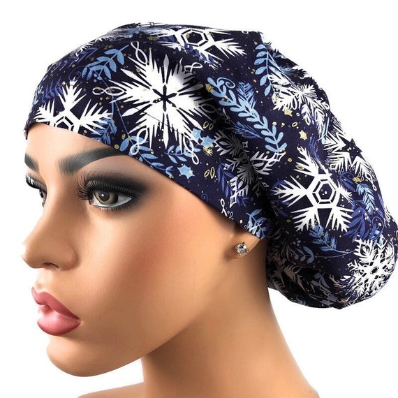 Surgical Scrub Hats/Caps~Christmas~Trees and *Snowflakes* on blue~** Surgical Scrub Hats/Caps~Christmas~Trees and *Snowflakes* on blue~**