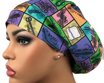 Scrub Cap, Surgical Tools Scrub Cap, Euro Style Bouffant, OR instruments Scrub Hat, Surgeon Gift, Satin Line Option, DK Scrub Hats