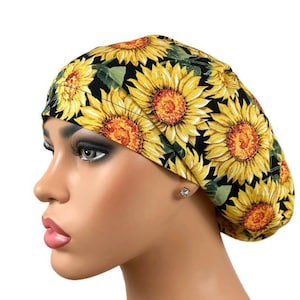 Scrub Hat for Women, Surgical Cap, Peds Nurse Cap, Nurse Gift, Euro Bouffant, Nurse Gift, Satin Lining Option, DK Scrub Hats, Sunflowers