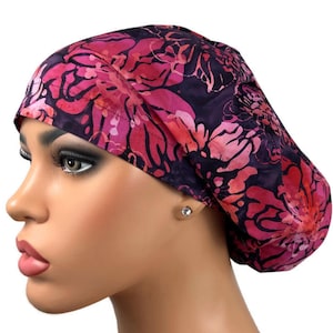 Euro Scrub Hat, Surgical Scrub Hat, Bouffant Scrub Cap for Women, Ponytail Scrub Hat, OR Nurse Scrub Hat, DK Scrub Hats, Fuchsia Plum Batik