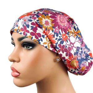 Surgical Scrub Hat, Euro  Scrub Hat, Nurse Scrub Cap, Medical Scrub Cap, Satin-Lining Option, DK Scrub Hats, Fuchsia Gold Blossoms