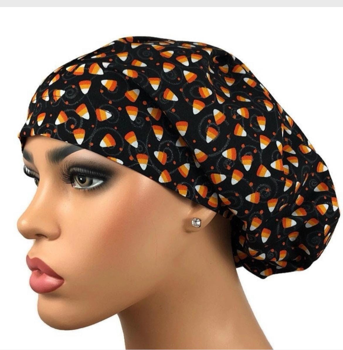 Halloween Scrubhat for Women, Black Surgical Scrub Hat, Halloween Women's Scrub Hat Satin Line Option, DK Scrub Hats, Candy Corn Sparkle