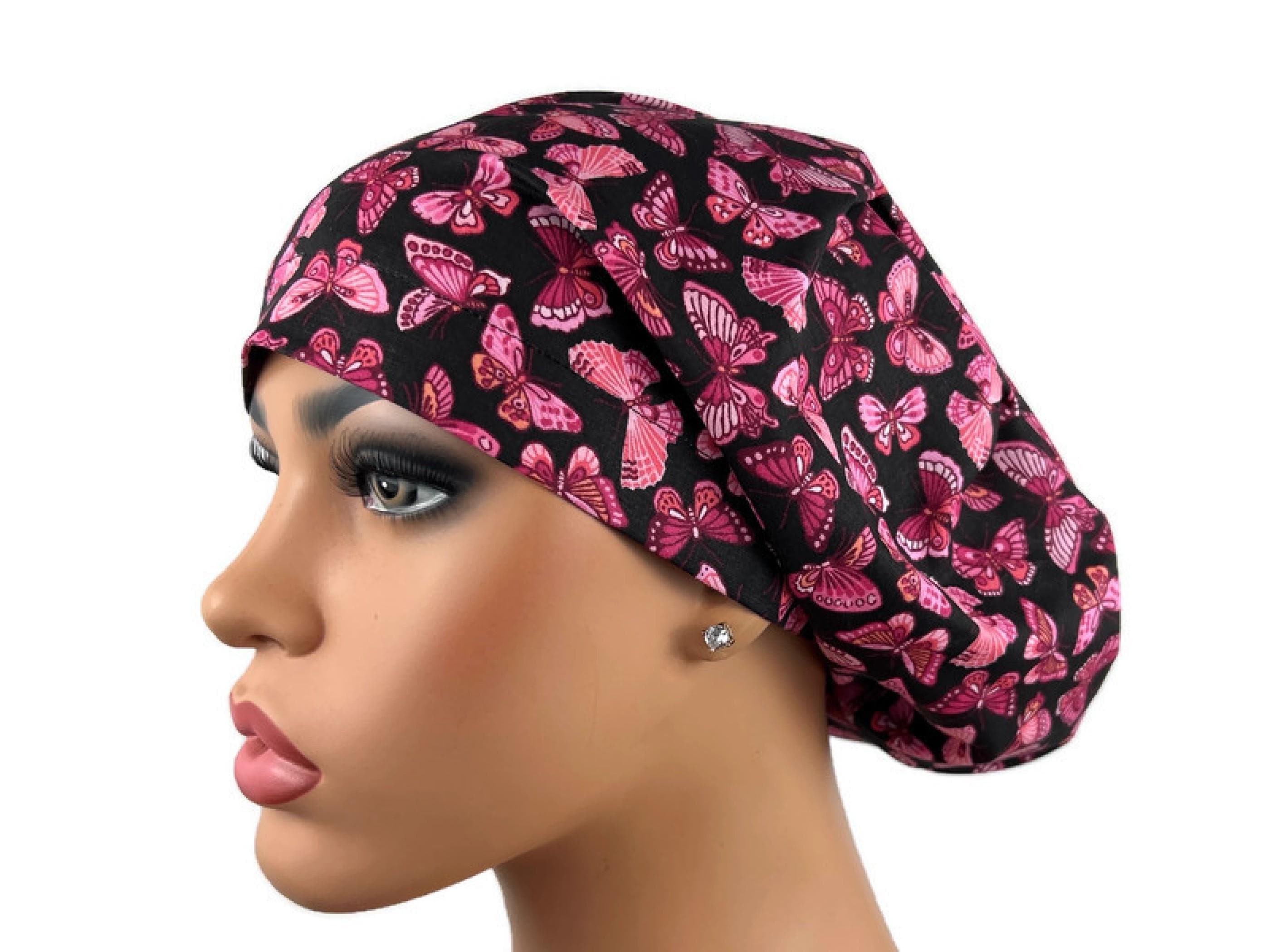 Scrub Hat for Women, Surgical Scrub Cap, Euro Scrub Hat, OR Nurse Hat, Bouffant Scrub Cap for Hospital, DK Scrub Hats, Pink Butterflies