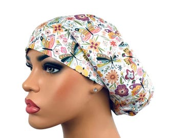 Euro Scrub Hat for Women, Surgical Scrub Cap, Nurse Scrub Cap, Surgery Cap, Satin-Lining Option, DK Scrub Hats, Boho Butterflies