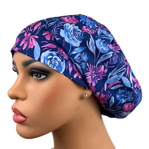 Euro Surgical Scrub Cap, Scrub Hat for Women, Nurse Scrub Hat for Surgery, Blue Floral Scrub Hat, DK Scrub Hats, Blue Pink Floral