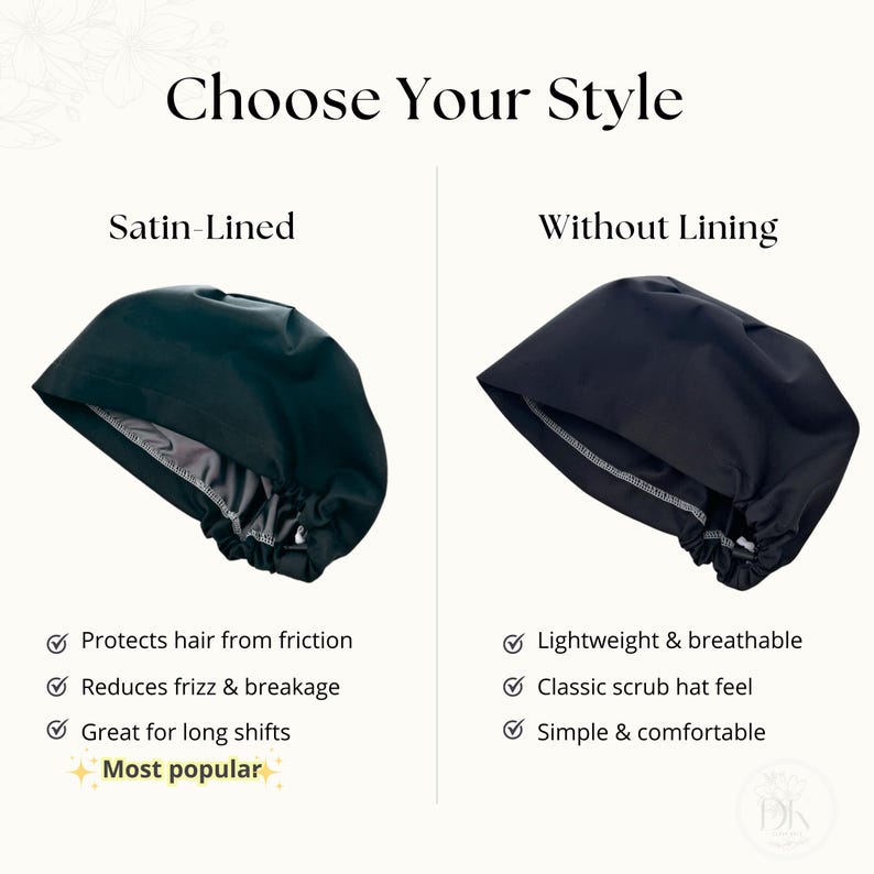 Op de afbeelding: Twee zwarte operatiemutsen worden naast elkaar getoond met de tekst Choose Your Style. De linker muts is gelabeld als Satin-Lined met opsommingstekens over haarbescherming. De rechter muts is gelabeld als Without Lining met kenmerken.
