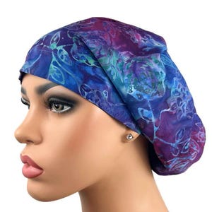 Surgical Scrub Cap, Euro Scrubhat, Scrub Hat for Women, Nurse Gift, Nurse Hat for OR, DK Scrub Hats, Custom Option, Blue Berry Floral Batik