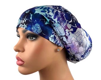 Surgical Scrub Cap, Euro Scrub Hat for Women, Nurse Scrub Hat, OR Surgery Bonnet, Vet Hat, DK Scrub Hats, Blue Purple Watercolor Hibiscus