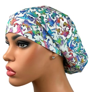 Euro Surgical Scrub Hat, Scrub Cap for Women, Healthcare Workers Scrubhat, Nurse Gift, Ponytail Scrub Hat, DK Scrub Hats, Rainbow Dinosaurs