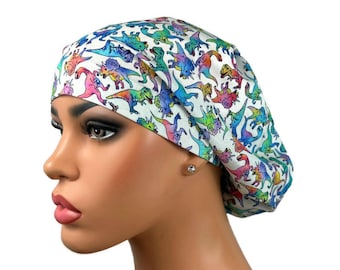 Euro Surgical Scrub Hat, Scrub Cap for Women, Healthcare Workers Scrubhat, Nurse Gift, Ponytail Scrub Hat, DK Scrub Hats, Rainbow Dinosaurs