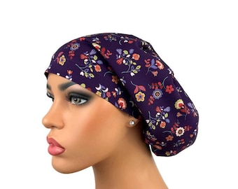 Surgical Cap, Euro Scrub Hat for Women,   Bouffant for Longhair, Nurse Scrub Hat, Floral Scrub Hat, DK Scrub Hats, Burgundy Boho