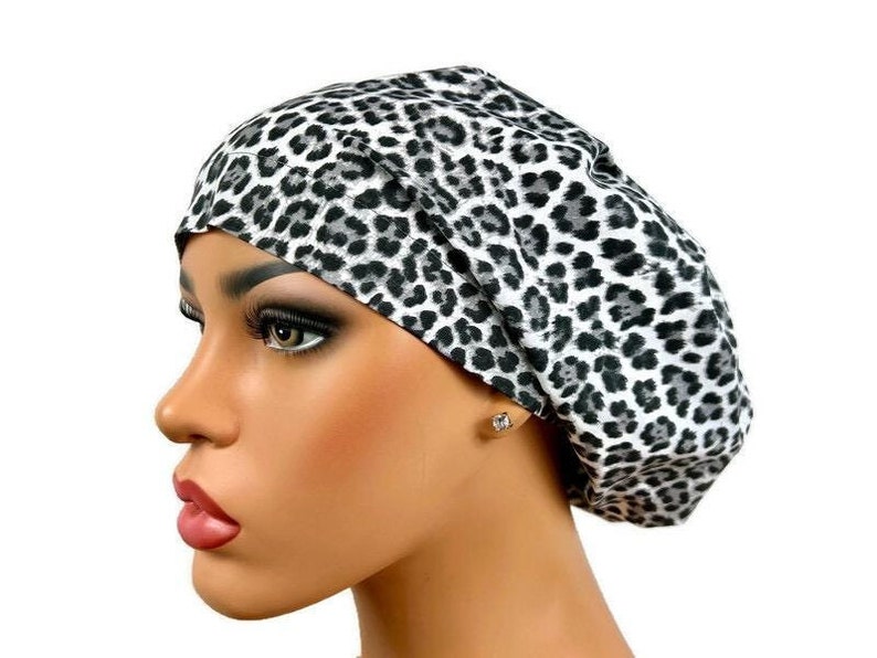 Surgical Scrubcap, Nurses Scrub Cap, Euro Scrubhat for Long Hair, Doctors Gift, Satin Line Options, DK Scrub Hats, Gray Leopard Print
