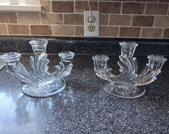 Crystal Fostoria Candlestick Holders with Etched Flower Design, Vintage Set of 2