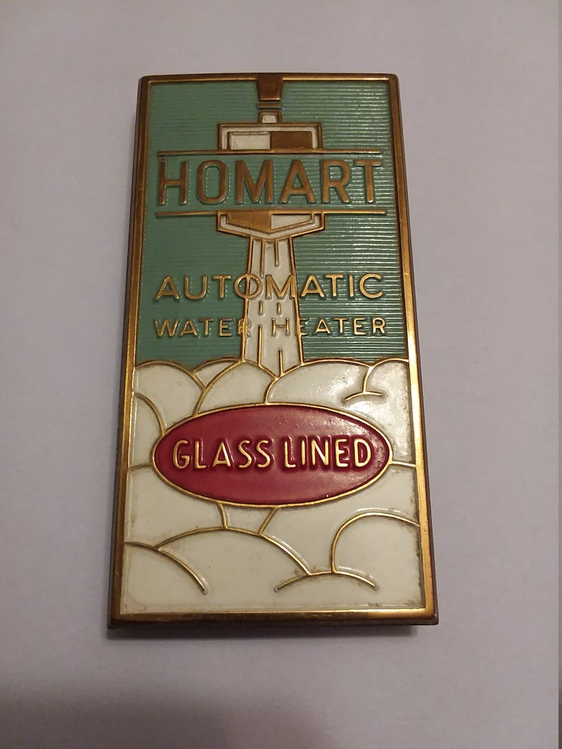 Vintage Brass Homart Automatic Water Heater Nameplate; Vintage Appliance Emblem; Vintage Appliance Badge