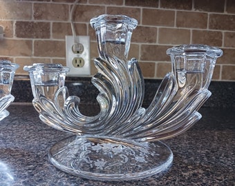 Crystal Fostoria Candlestick Holders with Etched Flower Design, Vintage Set of 2