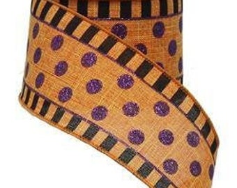 Wired Ribbon by the Roll Stripes and Glittered Polka Dots Orange Black and Purple 2.5 Inches x 10 Yards for Wreaths, Gift Wrapping, Floral