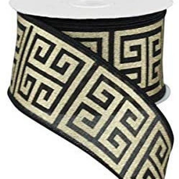 Wired Ribbon By the Roll Black and Gold Metallic Greek Key 2.5" X 10 Yards for Wreaths, Floral Arrangements, Gift Wrapping