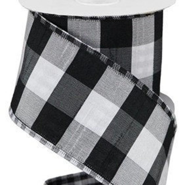 Wired Ribbon by the Roll Large/Small Reversible Check Wired Edge Ribbon (White, Black) 2.5" X 10 Yards for Wreaths, Floral Arrangements