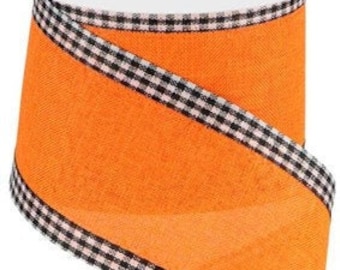 Wired Ribbon By the Roll 2.5" X 10 Yard Bright Orange w/Gingham Black White Edges for Wreaths, Floral Arrangements, Gift Wrapping, Crafting
