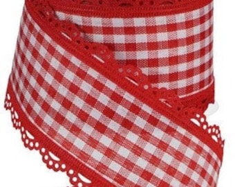 Wired Ribbon By the Roll Scalloped Edge Gingham Red, White, 2.5" X 10 Yards for Wreaths, Floral Arrangements, Gift Wrapping