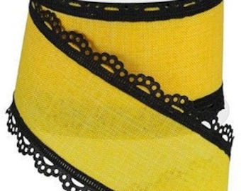 Wired Ribbon By the Roll Scalloped Edge (Sun Yellow, Black), 2.5" X 10 Yards for Wreaths, Floral Arrangements, Gift Wrapping