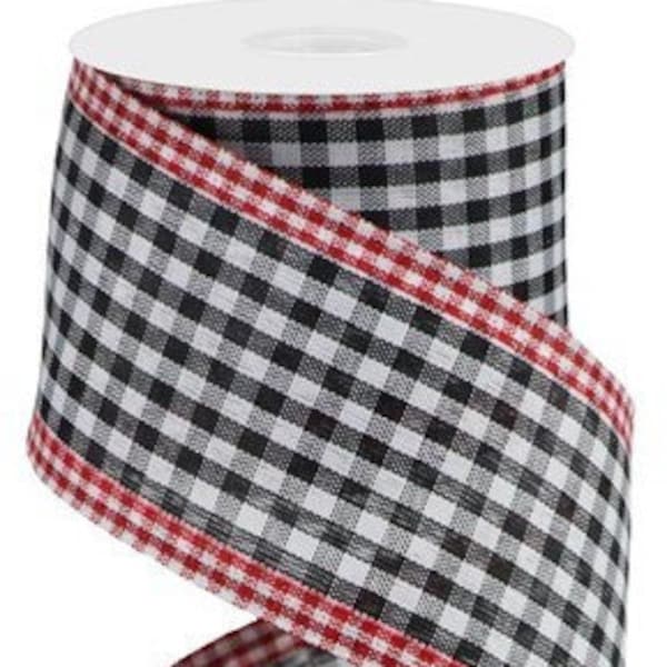 Wired Ribbon By the Roll Black and White Gingham Check with Red Check Edges 2.5" X 10 Yd for Wreaths, Floral Arrangements, Gift Wrapping