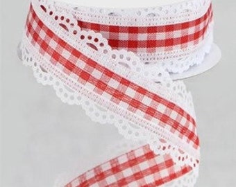 Wired Ribbon By the Roll Scalloped Lace Gingham Edge (Red, White), 1.5" X 10 Yards for Wreaths, Floral Arrangements, Gift Wrapping, Crafting