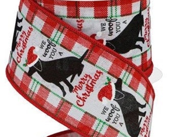 Wired Ribbon by the Roll We Woof You a Merry Christmas (Red, White, Black) 2.5 Inches X 10 Yards for Wreaths, Gift Wrapping, Floral