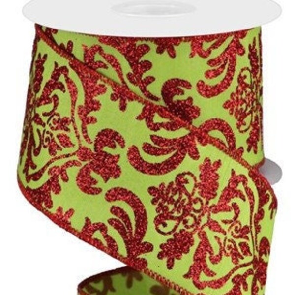 Santa Heads Buffalo Check Ribbon With Wired Edge - 2.5 Inch X 10 Yards Lime Green Christmas Decoration